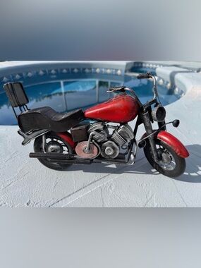 Scrap Metal Motorcycle Art Sculpture Red Chopper Figurine Old Style Bike